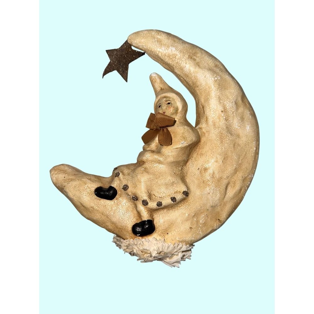 Nicol Sayre Vintage Paper Machet Handcrafted Moon & Star Ornament With Sitting F